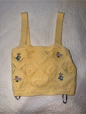 Forever 21 Yellow Knit Floral Embroidered Crop Top